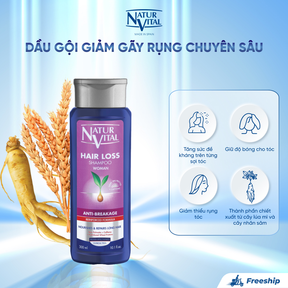 Dầu Gội NaturVital Hair Loss Anti-Breakage Chiết Xuất Lúa Mì & Nhân Sâm Ngăn Ngừa Gãy Rụng Chuyên Sâu, Hỗ trợ Dưỡng Ẩm & Tăng Cường Độ Bóng Cho Tóc