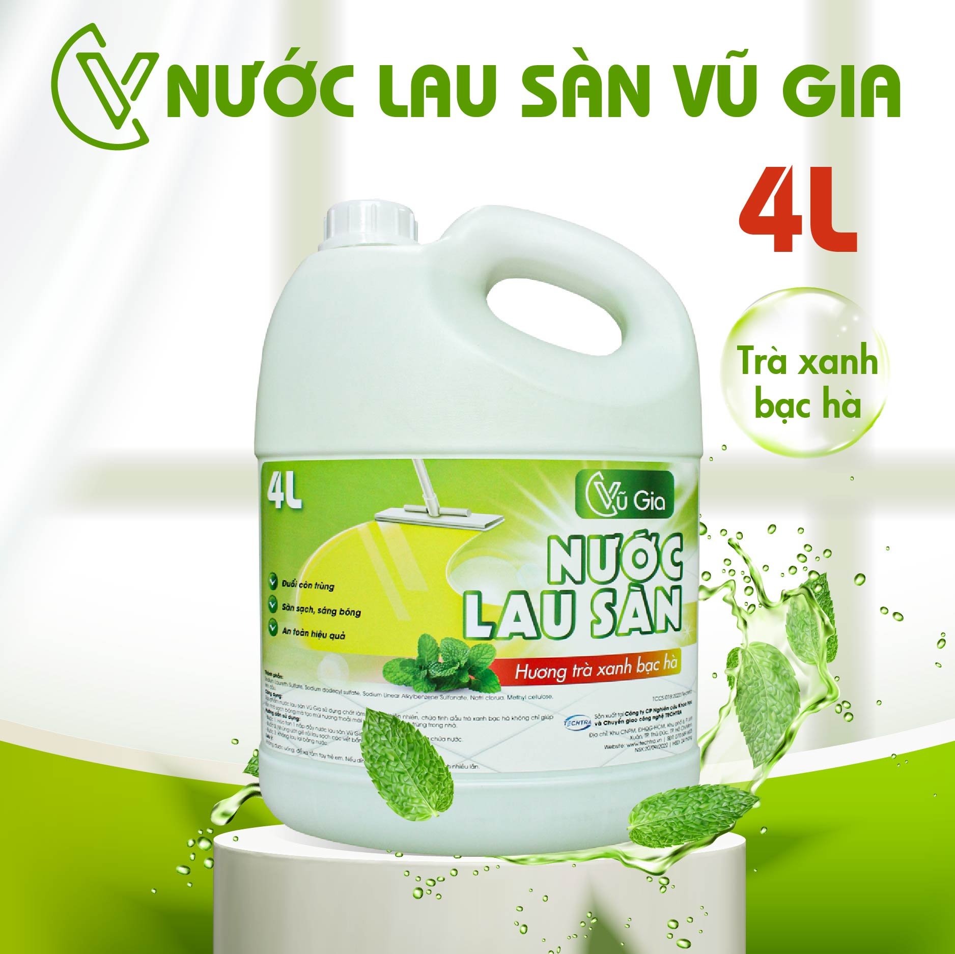 Nước lau sàn tinh dầu tự nhiên Vũ Gia (4 lít) - Khả năng đuổi muỗi, côn trùng, làm sạch nhanh chóng sàn nhà (Unitech)