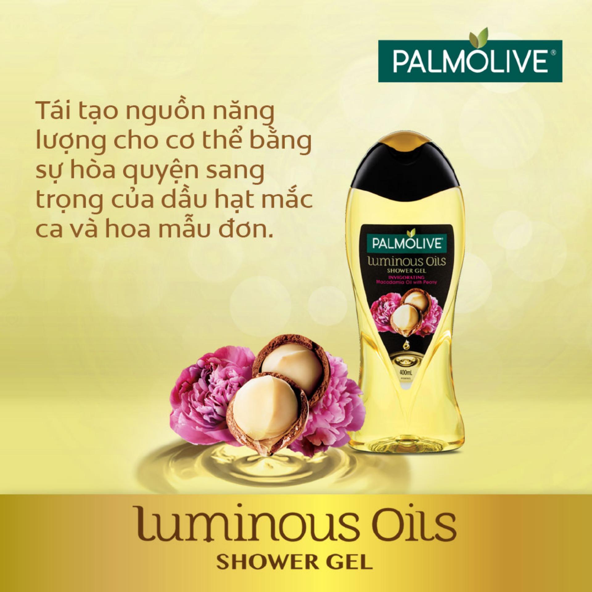 Bộ 2 sữa tắm dưỡng ẩm Palmolive Luminous tinh dầu thiên nhiên từ hạt Mắc ca và hoa mẫu đơn 400ml