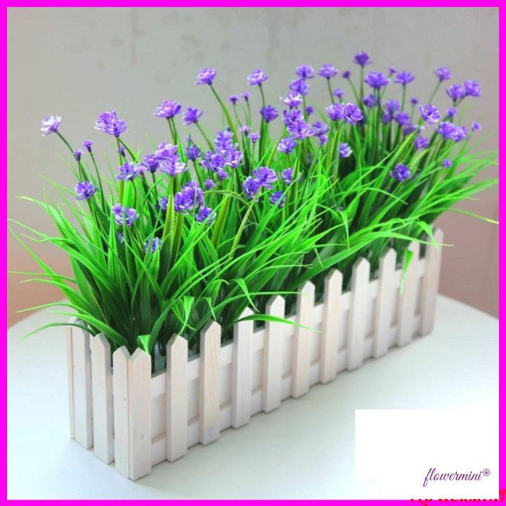 Giỏ gỗ cắm hoa lá giả hình hàng rào dài 50cm màu trắng trang trí chân tường, hành lang, ban công đẹp