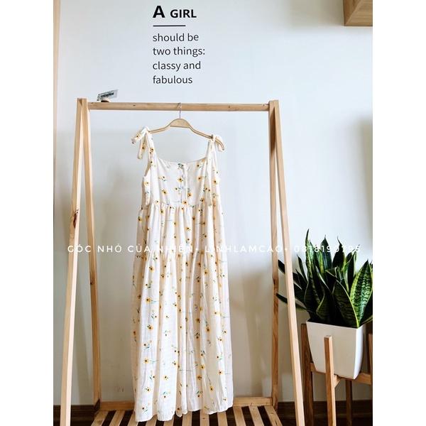 Váy Đầm Hai Dây Bản To Dáng Dài Hoa Nhí Vintage Cúc Ngực