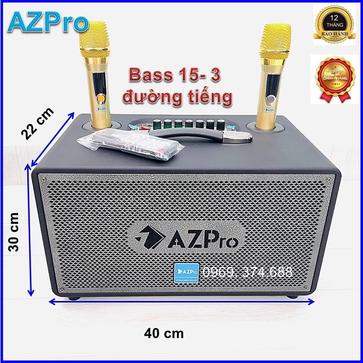 Loa Vali xách tay Bluetooth di động,AZ-336,Bass 15-3 đường tiếng,Mạch 7 núm chỉnh,Thùng gỗ bọc da cao cấp,Tặng 2 mic không dây sóng UHF vỏ kim loại,Hàng chính hãng AZPRO