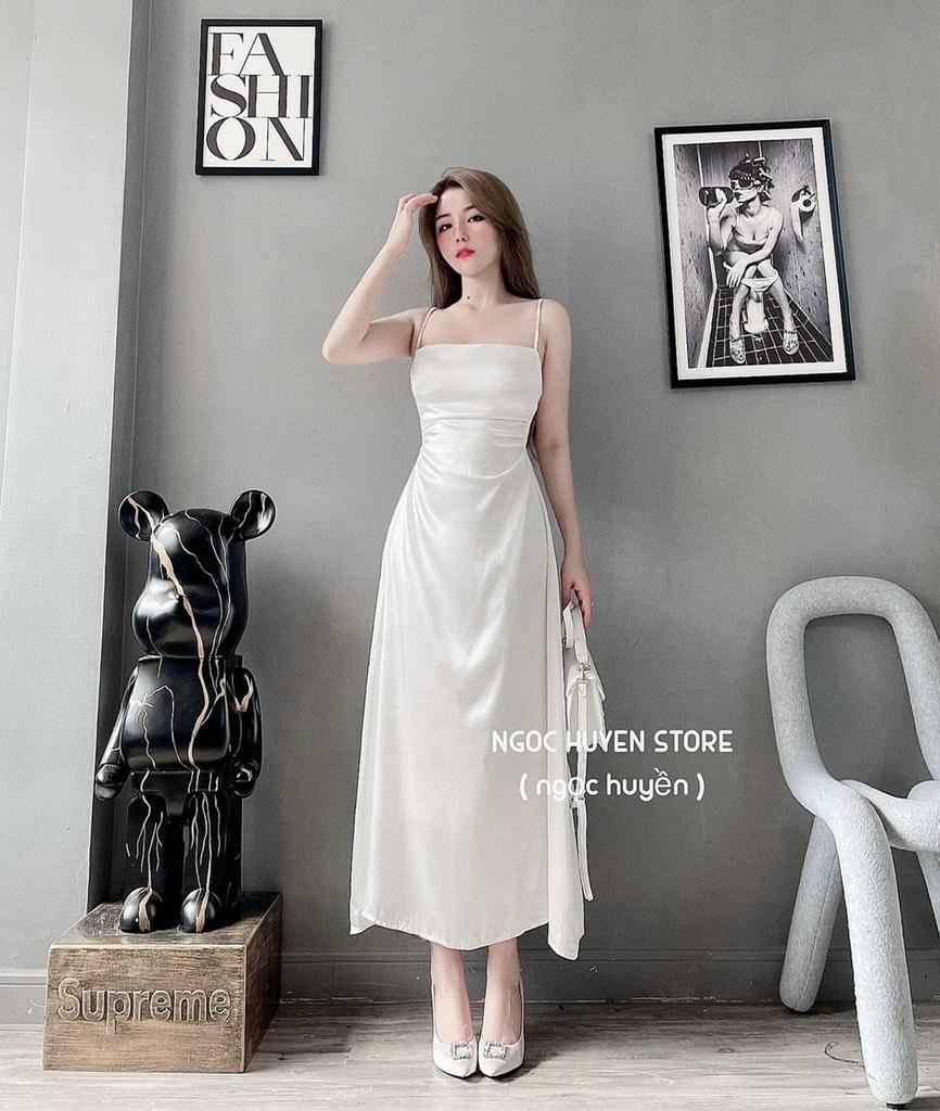 ĐẦM MIDI KHOÉT EO VẢI LỤA CỘT DÂY VAI 12844