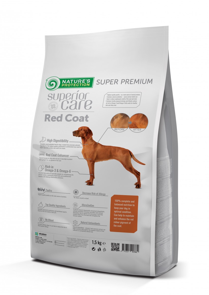 NATURE’S PROTECTION SUPERIOR CARE RED COAT, 1.5kg/túi. Thức ăn giàu thịt gia cầm dành cho chó trưởng thành thuộc tất cả các giống chó có lông màu nâu đỏ Cân bằng nhằm giúp tăng cường sắc tố màu nâu đỏ của lông Từ 1 năm tuổi trở lên