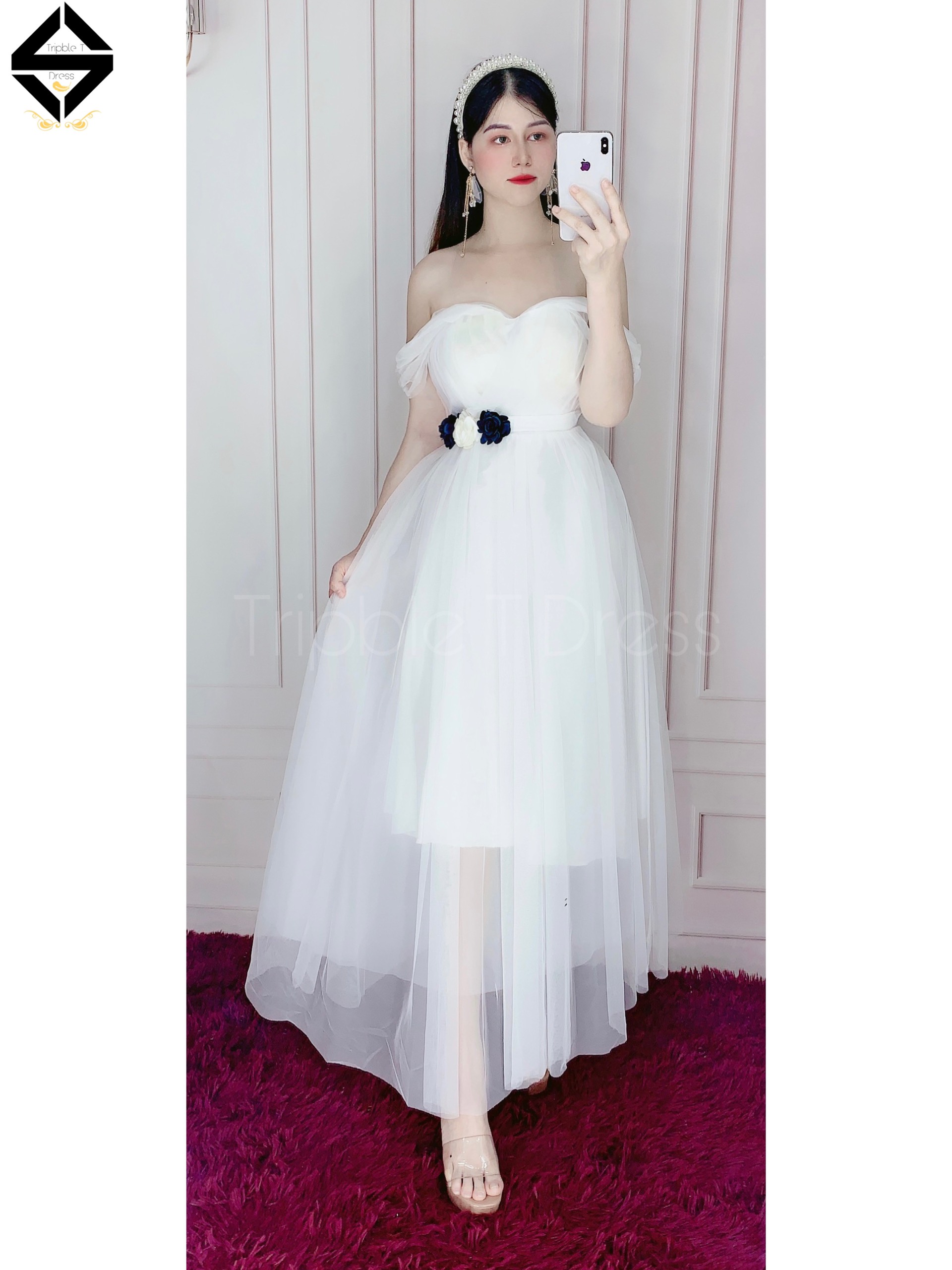 Đầm xoè dự tiệc rớt vai lưới siêu xinh TRIPBLE T DRESS -size L/XL - MS37V
