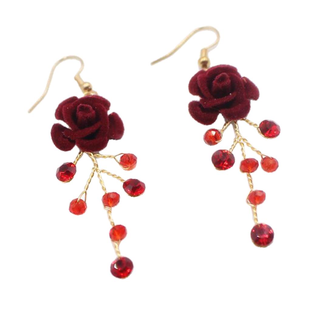 Bridal Red Crystal Drop Earrings Wedding Party Bridal Velvet Rose Earrings
