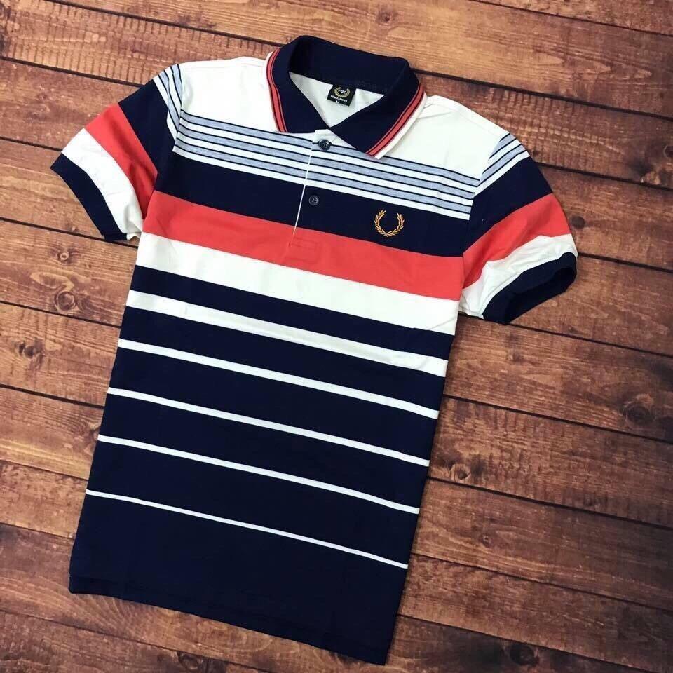 Áo Thun Nam Cotton Phối Sọc Ngang Logo Thêu Co Giãn Tốt