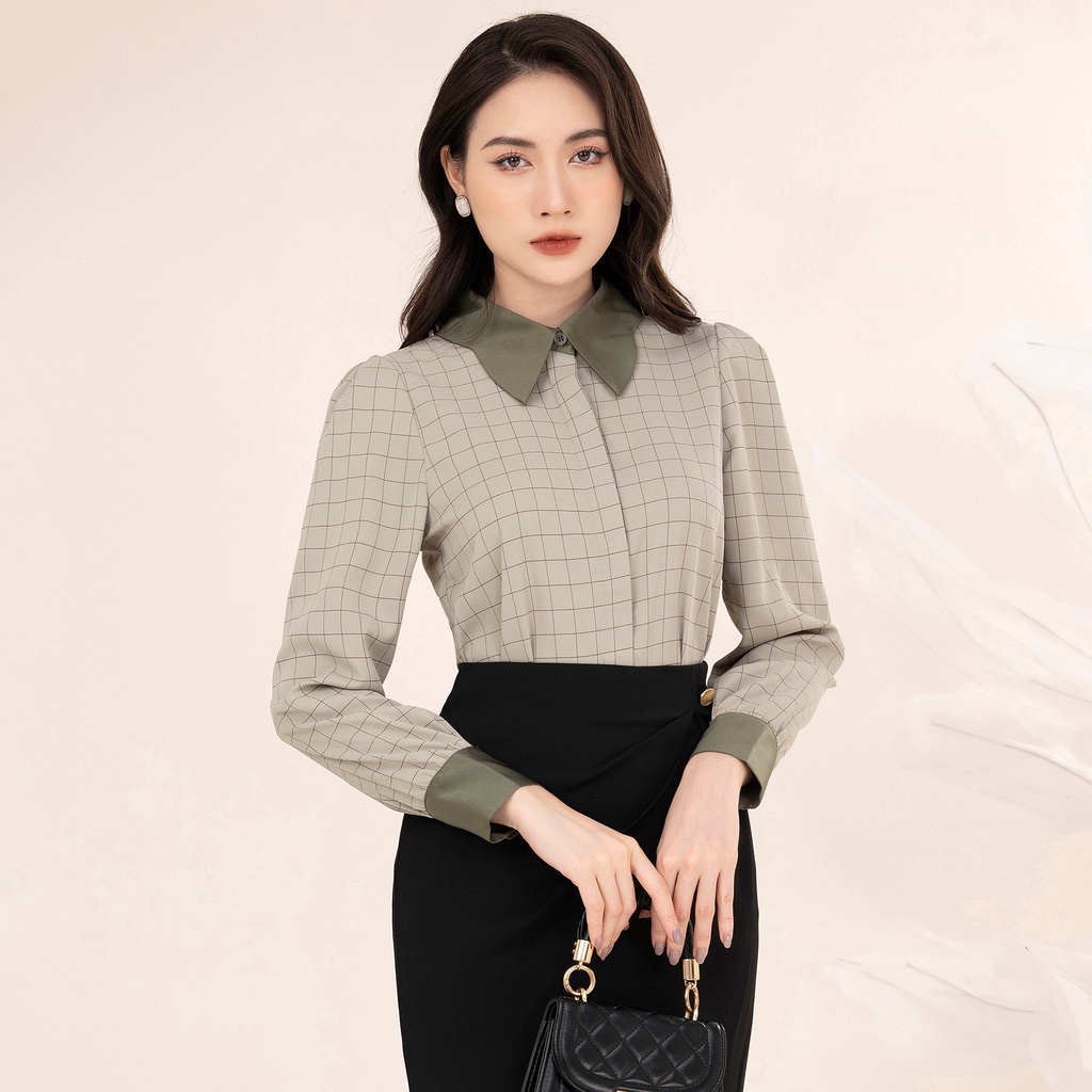 Áo Sơ Mi Nữ Dài Tay Kẻ Caro Công Sở Phối Cổ Tây UK Fashion Thời Trang Basic Vải Hàn, Thoáng Mát NKSM2210002