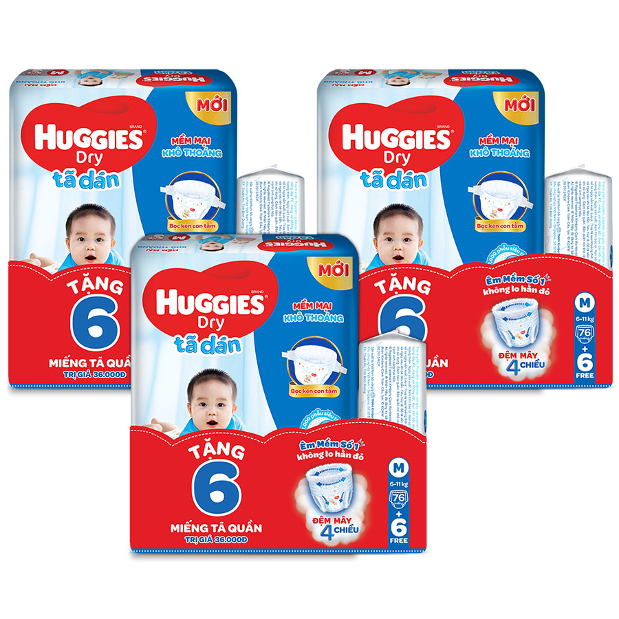 Combo 3 Gói Tã Dán Huggies Dry Gói Cực Đại M76 (76 Miếng) - Tặng 6 miếng