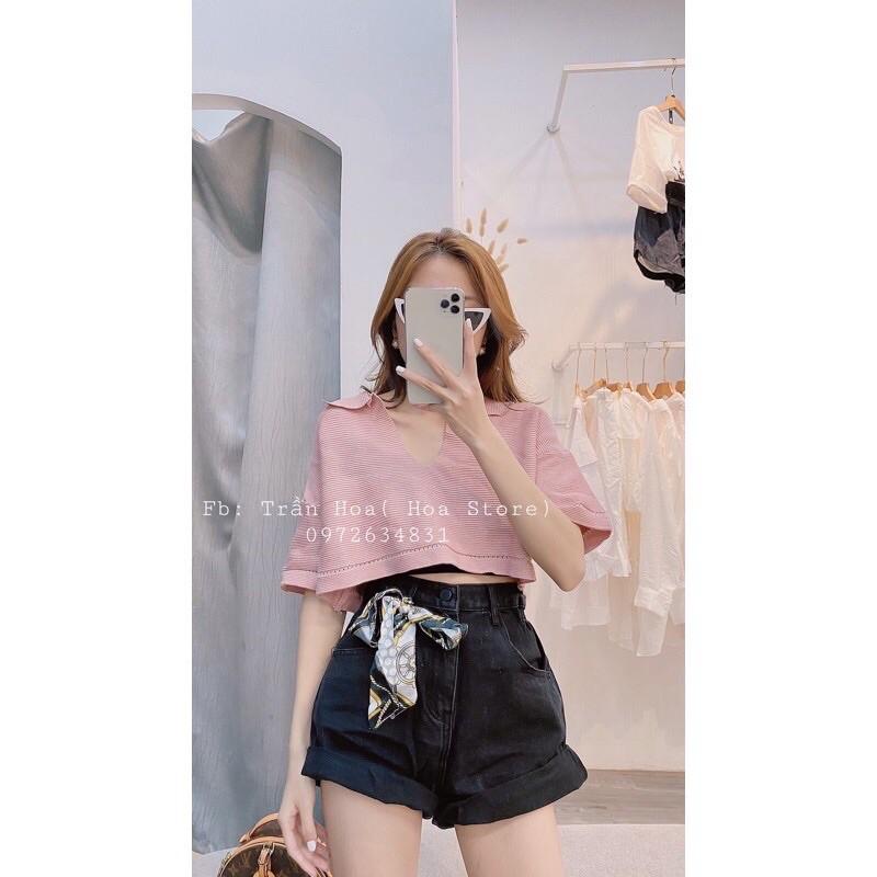 Áo len croptop cộc tay cổ bẻ dáng thụng