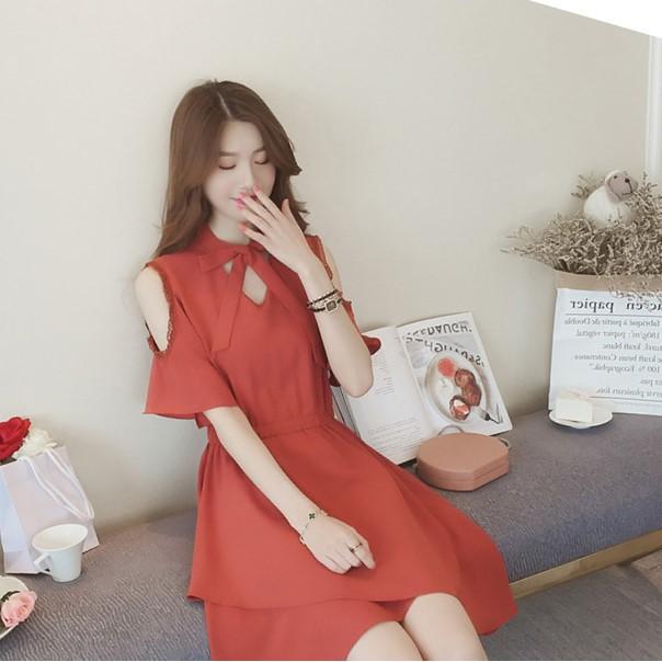 ĐẦM VOAN NHÚN EO BUỘC NƠ NỮ SINH HAI MÀU XANH, CAM