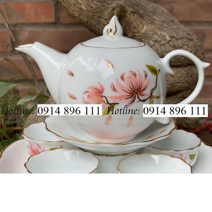 Bộ ấm chén dáng bưởi họa tiết hoa đào vẽ tay - Viền vàng kim