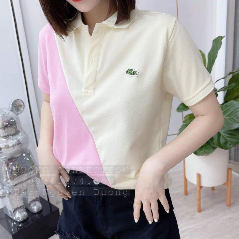 Áo thun cổ bẻ phối màu hồng - be dễ thương