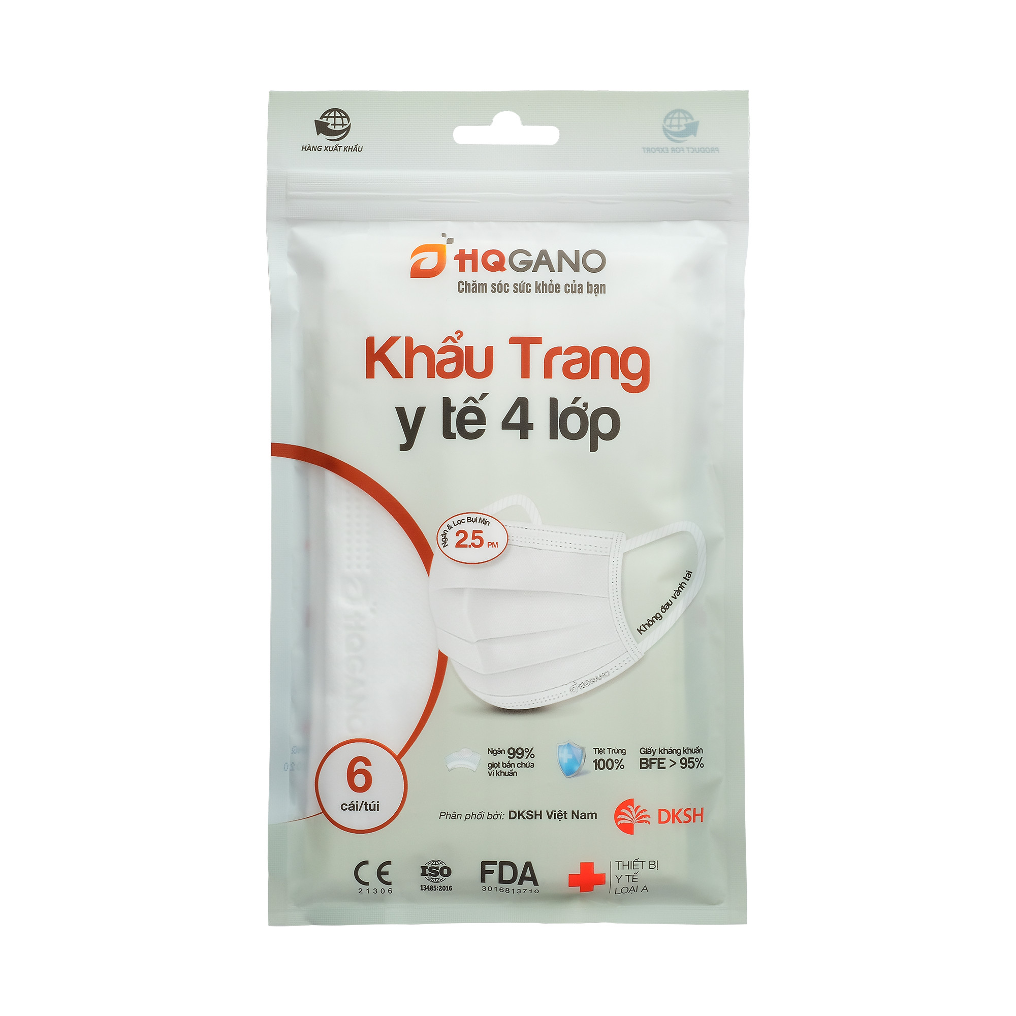 Gói khẩu trang y tế 4 lớp HQGano (6 cái/túi)