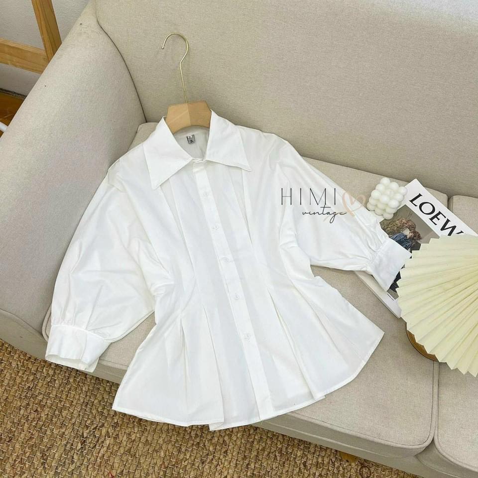 Áo sơ mi trắng nữ nhúm eo dáng rộng co giãn ATN723