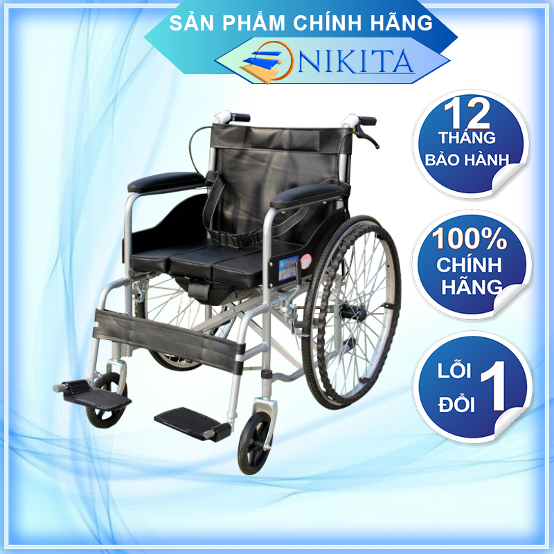 Xe lăn tay có nệm, bô vệ sinh cho người già, người bệnh, người đi lại khó khăn - NIKITA N213-3