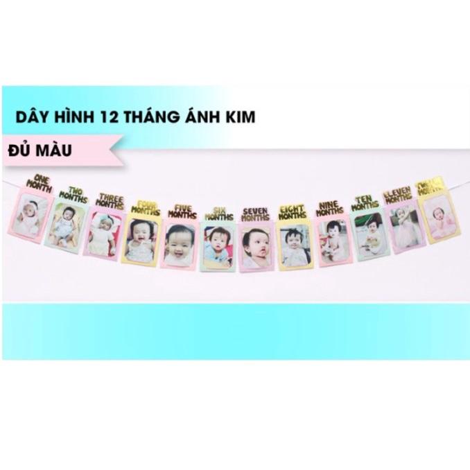 Khung Hình Treo Ảnh Cute, Bộ Dây Khung Hình 12 tháng Ép Kim; Kẹp Ảnh Gỗ, Bộ Kẹp Khung Hình 12 Tháng trang trí sinh nhật