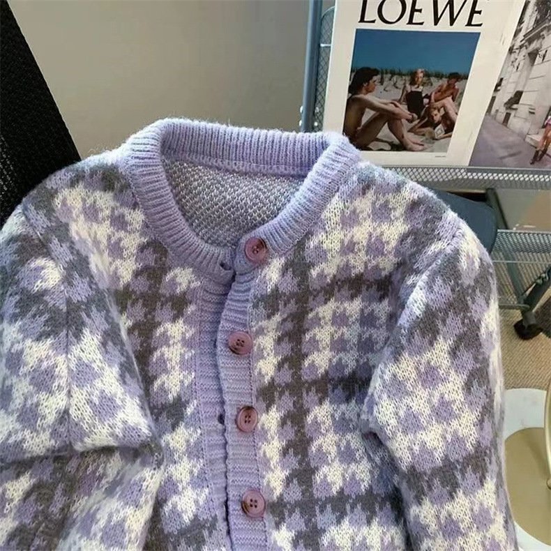 Áo khoác cardigan nữ thiết kế cổ tròn họa tiết xinh xắn vải len dệt kim phong cách Hàn Quốc