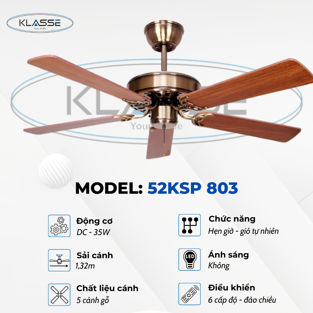Quạt trần không đèn Klasse 52KSP 803 Hàng chính hãng