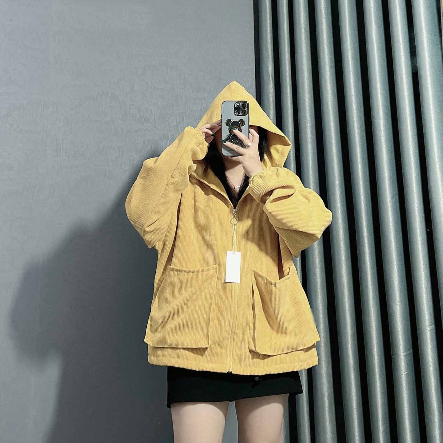 Áo khoác chống nắng nhung tăm gân nữ form rộng đẹp ulzzang Có Nón Túi Hộp Lớn phù hợp cho mọi lứa tuổi