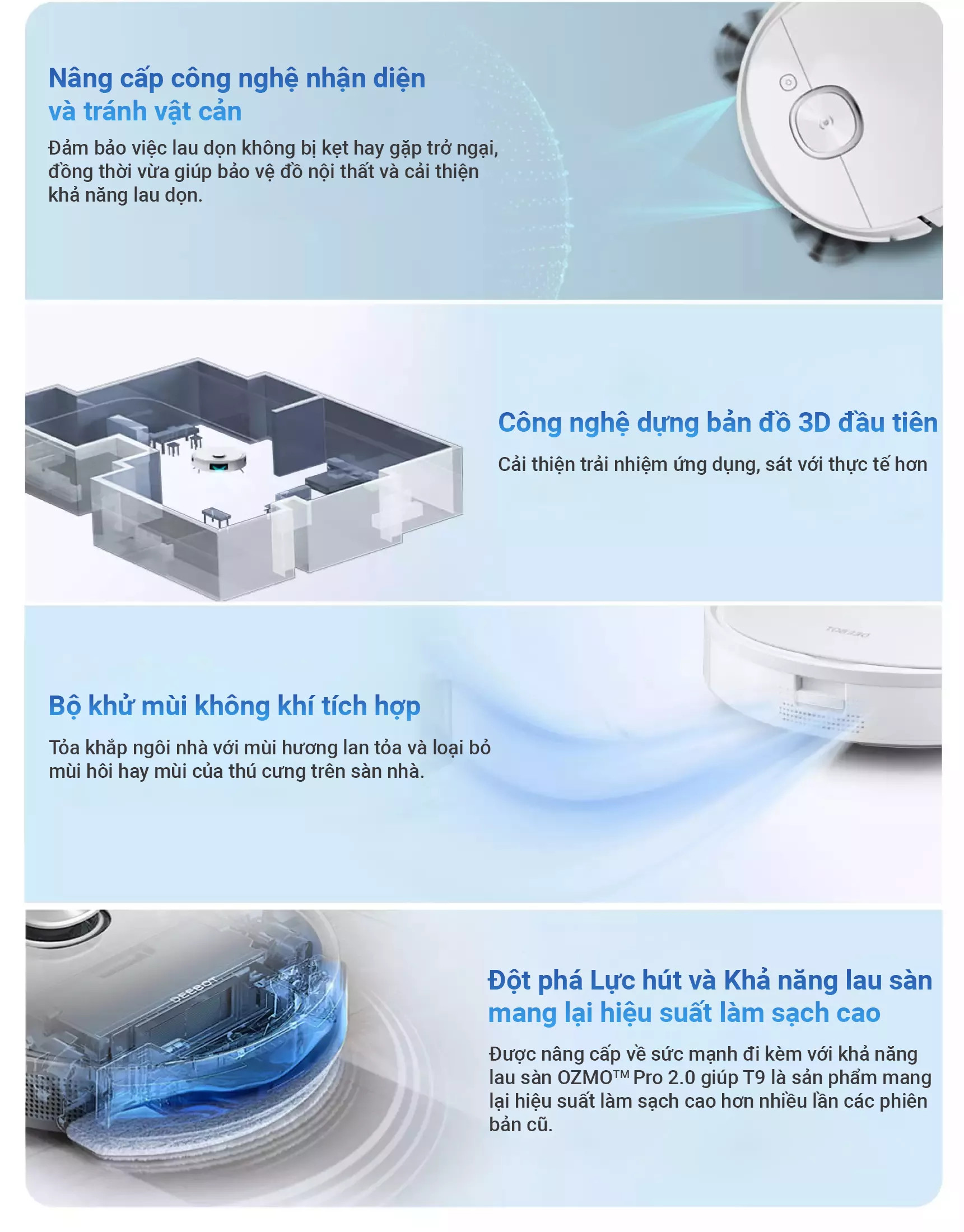 Robot hút bụi lau nhà Ecovacs Deebot T9 Plus - Trắng Bản Quốc tế - App Tiếng Việt, hàng nhập khẩu chính hãng full VAT, bảo hành chính hãng 24 tháng bởi Vietnam Robotics, lực hút 3000Pa, thời gian hoạt động 3 giờ liên tục