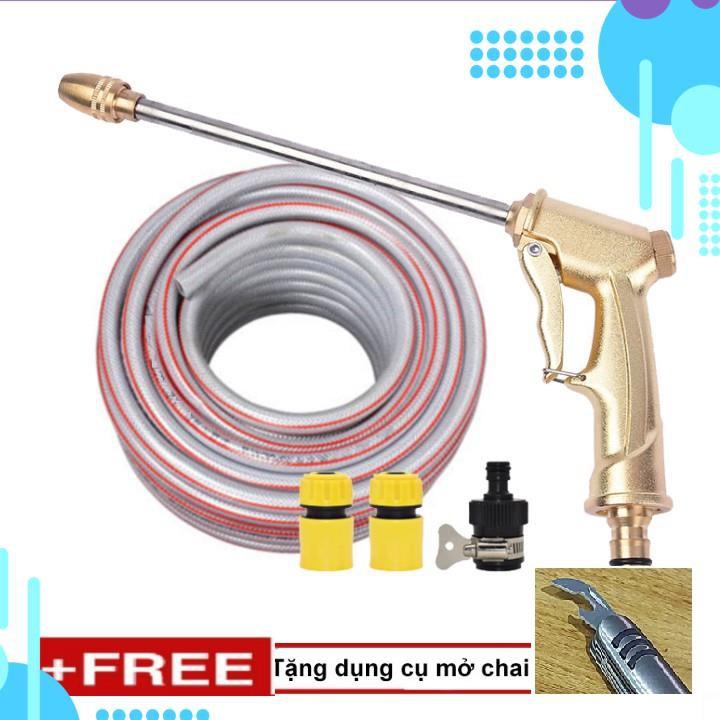 Bộ dây vòi xịt nước rửa xe, tưới cây, tăng áp 3 lần, loại 20m 206701-3 đầu đồng,cút,nối nhựa đen+ tặng mở chai