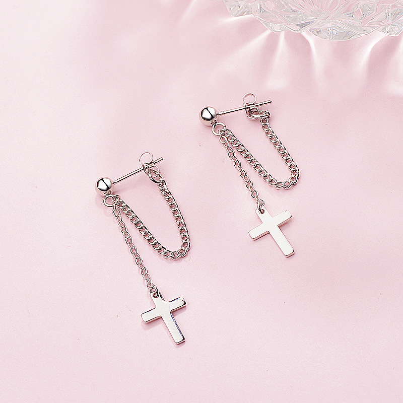 Bông tai nữ sợi mắt xích mix hình chữ thập