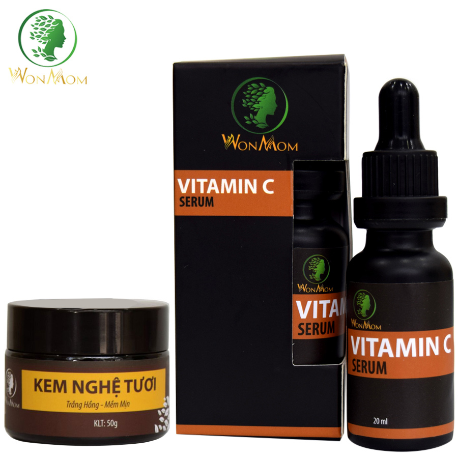 Bộ Dưỡng Trắng Hồng, Mịn Màng Da Mặt Dành Cho Mọi Loại Da Wonmom (1 Serum Vitamin C + 1 Kem Nghệ Tươi)