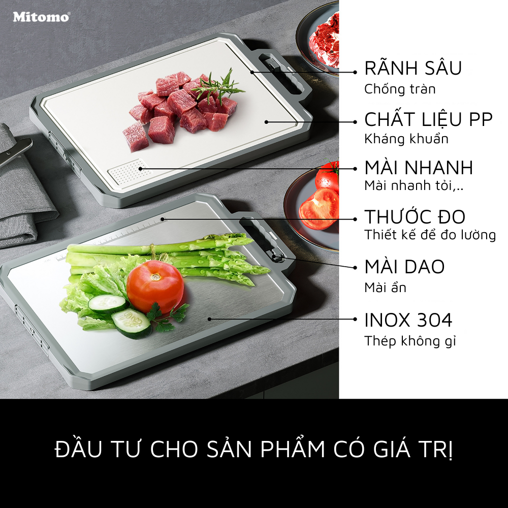 Thớt hai mặt kháng khuẩn inox 304 cao cấp, nhựa lúa mạch Mitomo MT-304PP Hàng chính hãng