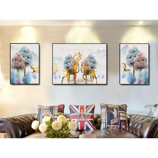 Decal dán tường 3d kim sa bộ 3 khung tranh hươu vàng DC15