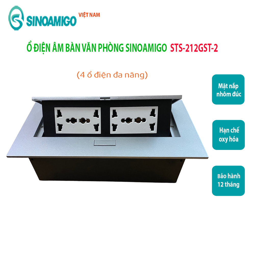 Hộp điện âm bàn Sinoamigo STS-212GST-2 gồm 2 ổ điện, 2 ổ cắm HDMI, 1 ổ USb 5V-21.A. Chất liệu hợp kim nhôm màu bạc sang trọng - Hàng chính hãng