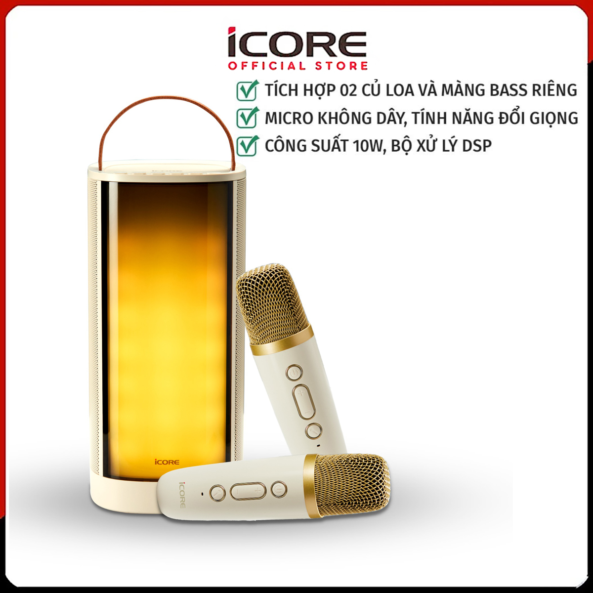 Bộ Loa Karaoke Mini Bluetooth iCore iParty kèm 2 micro không dây - Hàng chính hãng