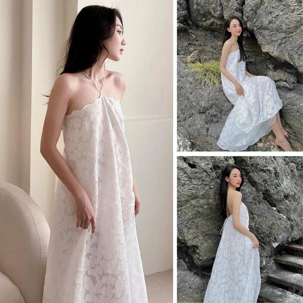 Đầm yếm maxi trắng đi biển, Váy yếm trắng cổ dây suông dài Cao Cấp thêu hoa, sexy quyến rũ MiNhi