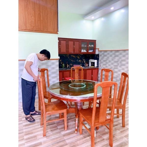 Bộ bàn ghế ăn tròn gỗ Xoan, loại bàn xoay kính