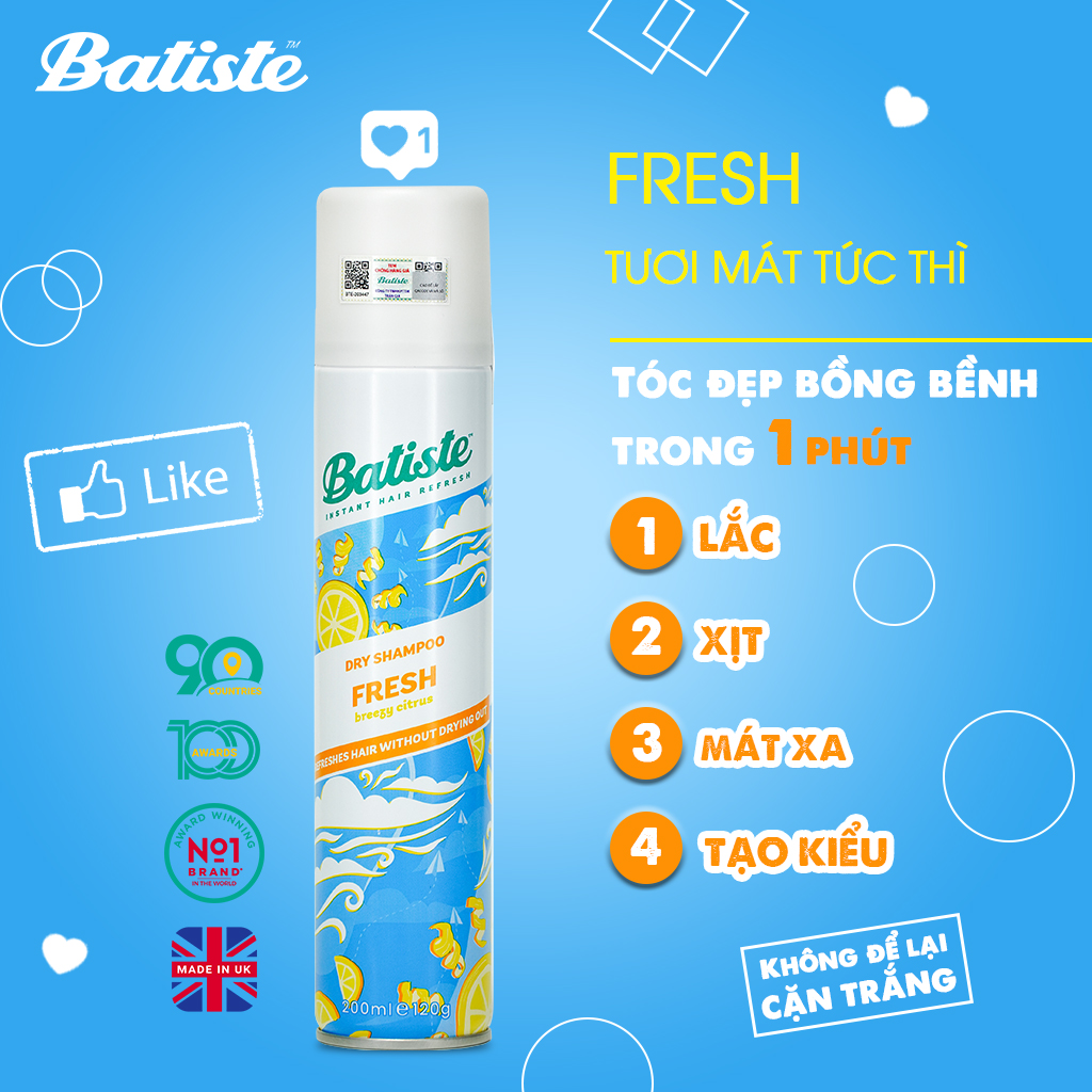 Dầu Gội Khô Batiste Dry Shampoo FRESH Breezy Citrus 200ml