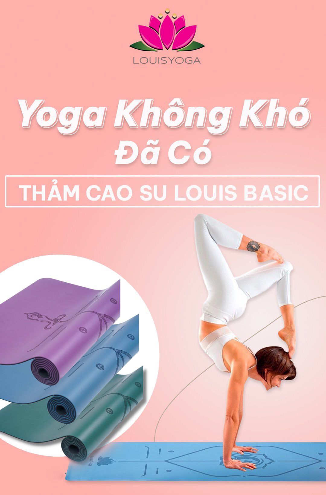 Thảm cao su tập yoga Louis 183x68x0.5cm định tuyến - Chất liệu cao su chống thấm, chống trơn - Thương hiệu LOUIS YOGA