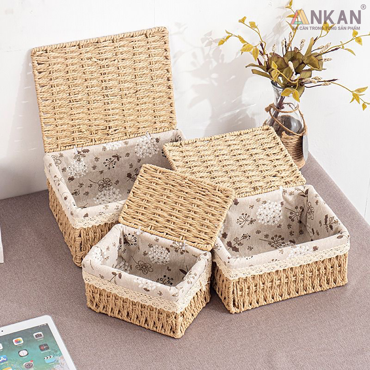 Giỏ mây có nắp đựng đồ, đựng thức ăn, phụ kiện, thích hợp trang trí decor trong nhà, giúp nhà bạn và nơi làm việc gọn gàng hơn nữa