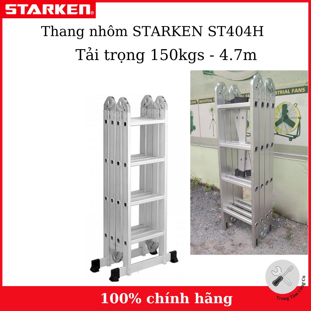 Thang chữ A Thang nhôm gấp 4 đoạn STARKEN ST404H (chữ A -2.3m, chữ I-4.6m) tải trọng 150kgs, màu xanh- Hàng chính hãng