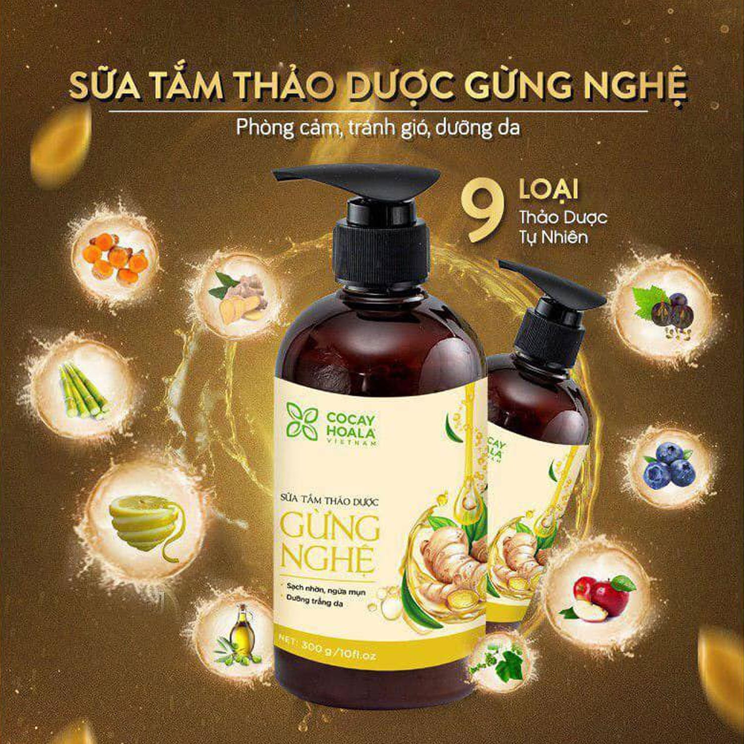 Sữa tắm thảo dược Gừng Nghệ Cỏ Cây Hoa Lá - Chiết Xuất Từ 9 Loại Thảo Dược Quý - Phòng Cảm, Tránh Gió, Dưỡng Da - Cho Con Cho Mẹ, Cho Đại Gia Đình, chai 300ml