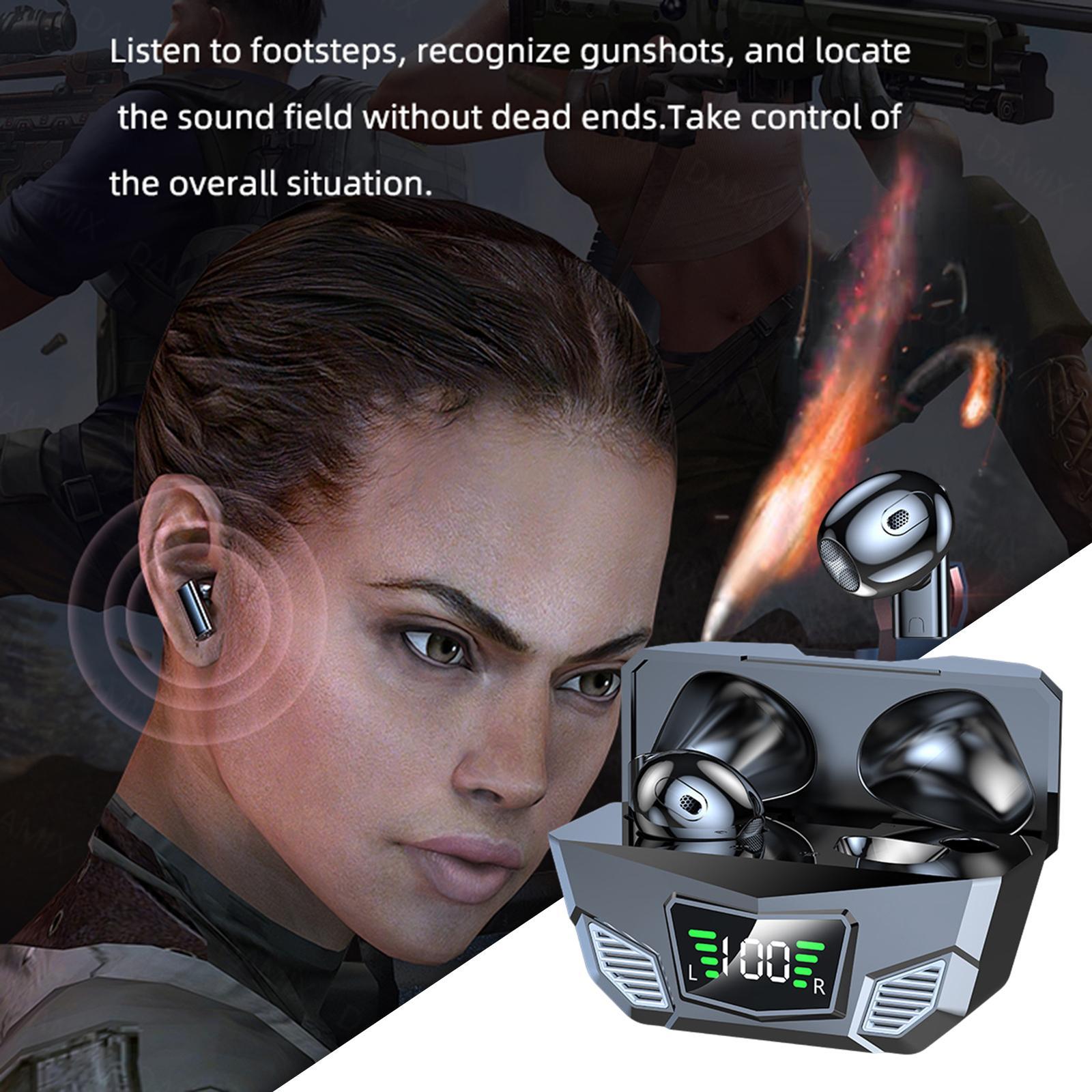 Wireless Game Earbuds Noise Reduction for Sports LED Battery Display Black