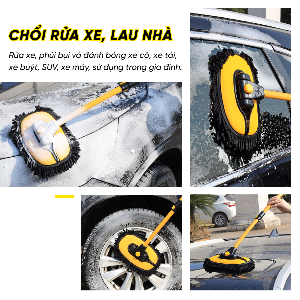 Chổi Lau Rửa Vệ Sinh Xe Ô Tô - Sợi Mềm, Cán Điều Chỉnh Được Độ Dài, Cong Tiện Lợi