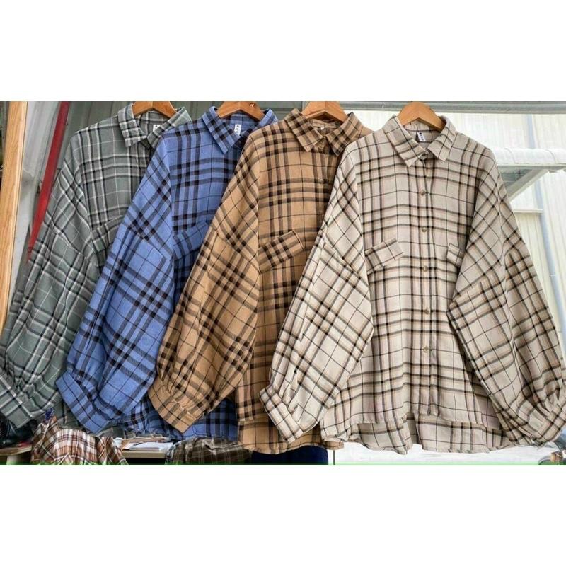 Áo sơ mi caro cánh dơi form rộng oversize túi lệch nắp 4 màu Lovi