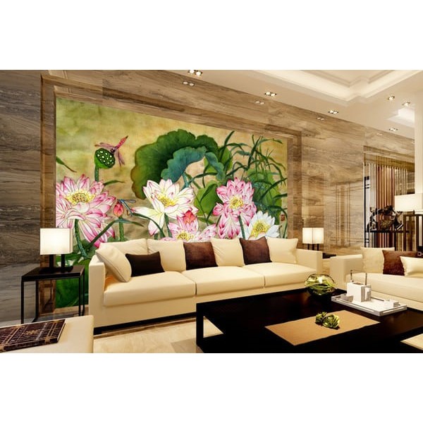 Tranh dán tường 3D phong cảnh họa tiết Hoa sen trang trí phòng khách