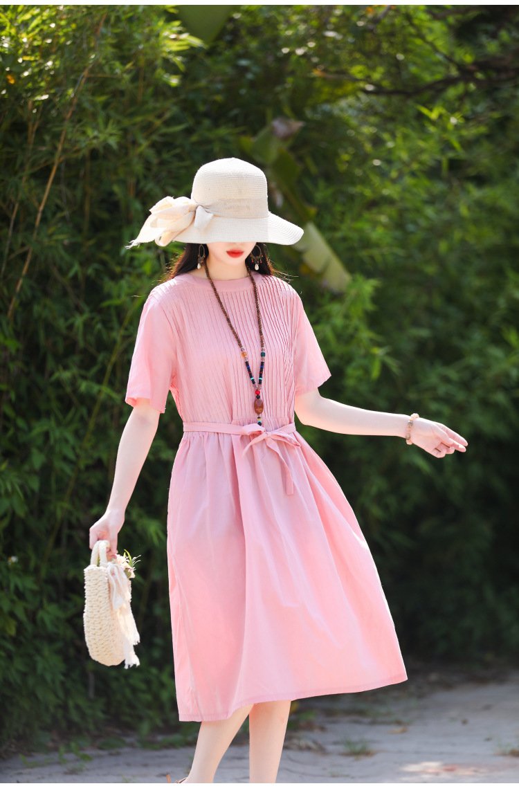 Đầm linen cổ tròn, đầm thiết kế mẫu mới năm nay, thời trang nữ cao cấp NH192 hồng