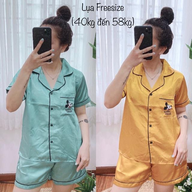 ( Freesize Lụa ) Đồ Bộ Pijama Lụa Thiêu Mickey - Tay Ngắn Quần Đùi