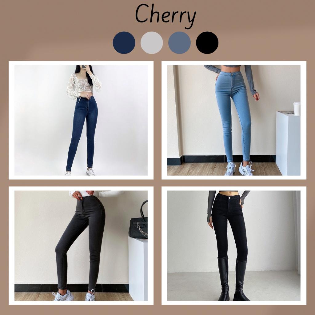 Quần jean nữ lưng cao co giãn dáng ôm không túi CHERRY, quần bò nữ cạp cao ôm bigsize trơn chất đẹp dài basic T021