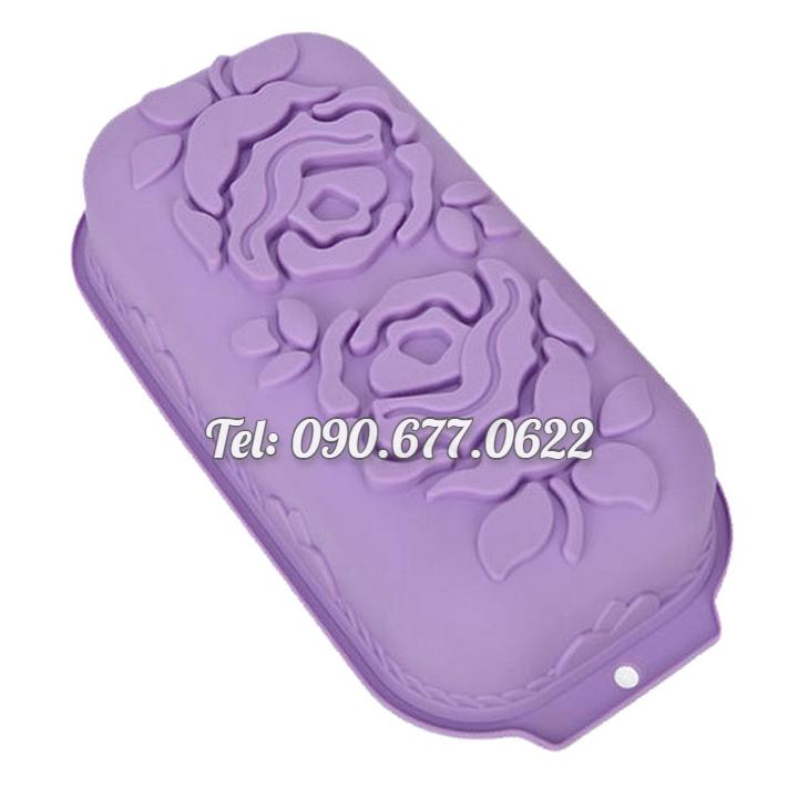 Khuôn silicone làm bánh, rau câu, bánh mì hình chữ nhật hoa hồng đôi kèm lá – Loại 29 cm - Mã số 1109