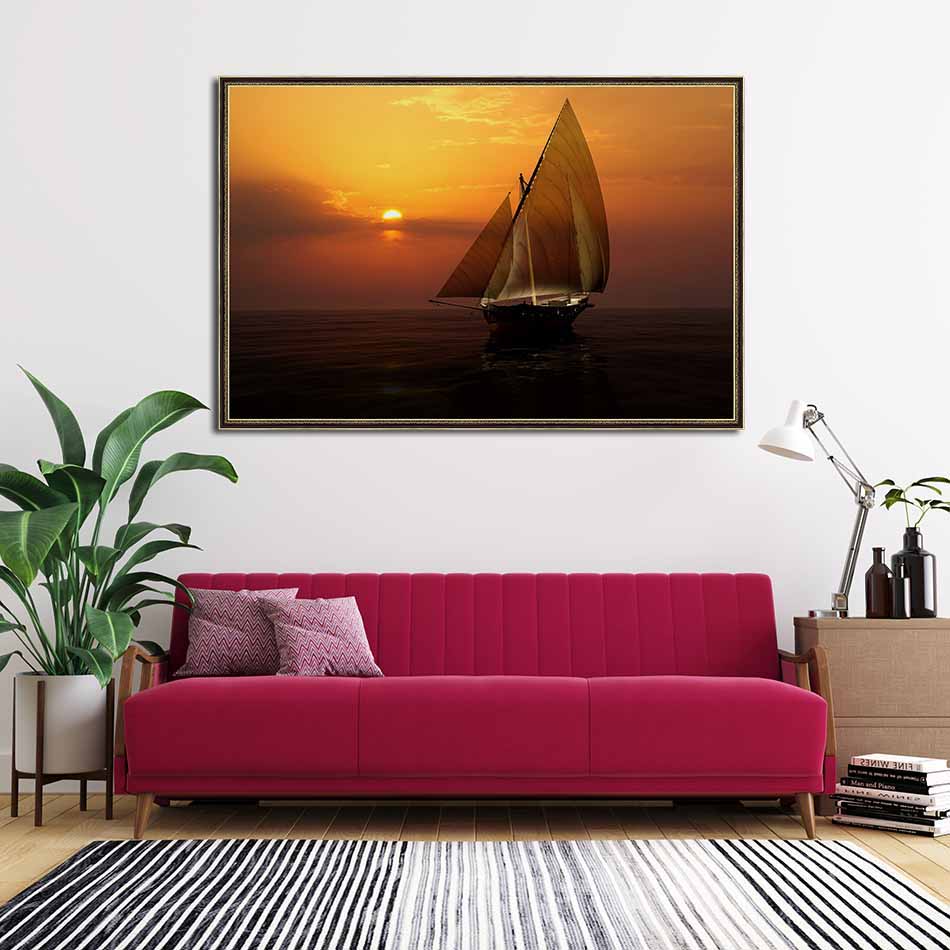 Tranh canvas phong thủy treo tường - Thuận buồm xuôi gió - TBXG010 - Khung hoa văn viền mỏng - 120x80cm