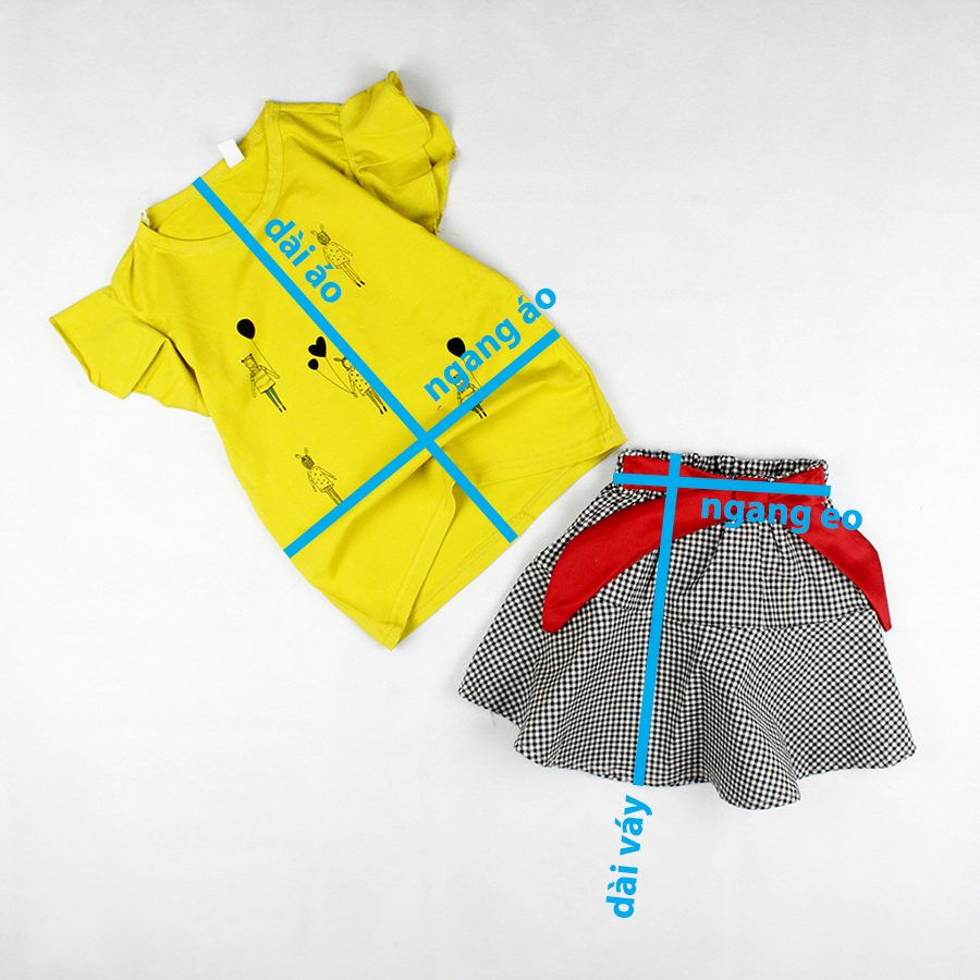 Set áo thun cánh tiên vàng in hình và váy kate caro cột nơ đỏ cho bé gái 1-6 tuổi từ 10 đến 22 kg 01545  