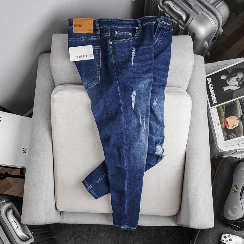 Quần Jean Nam Xanh Đậm mài rách ôm dáng xuất dư xịn chất bò co giãn